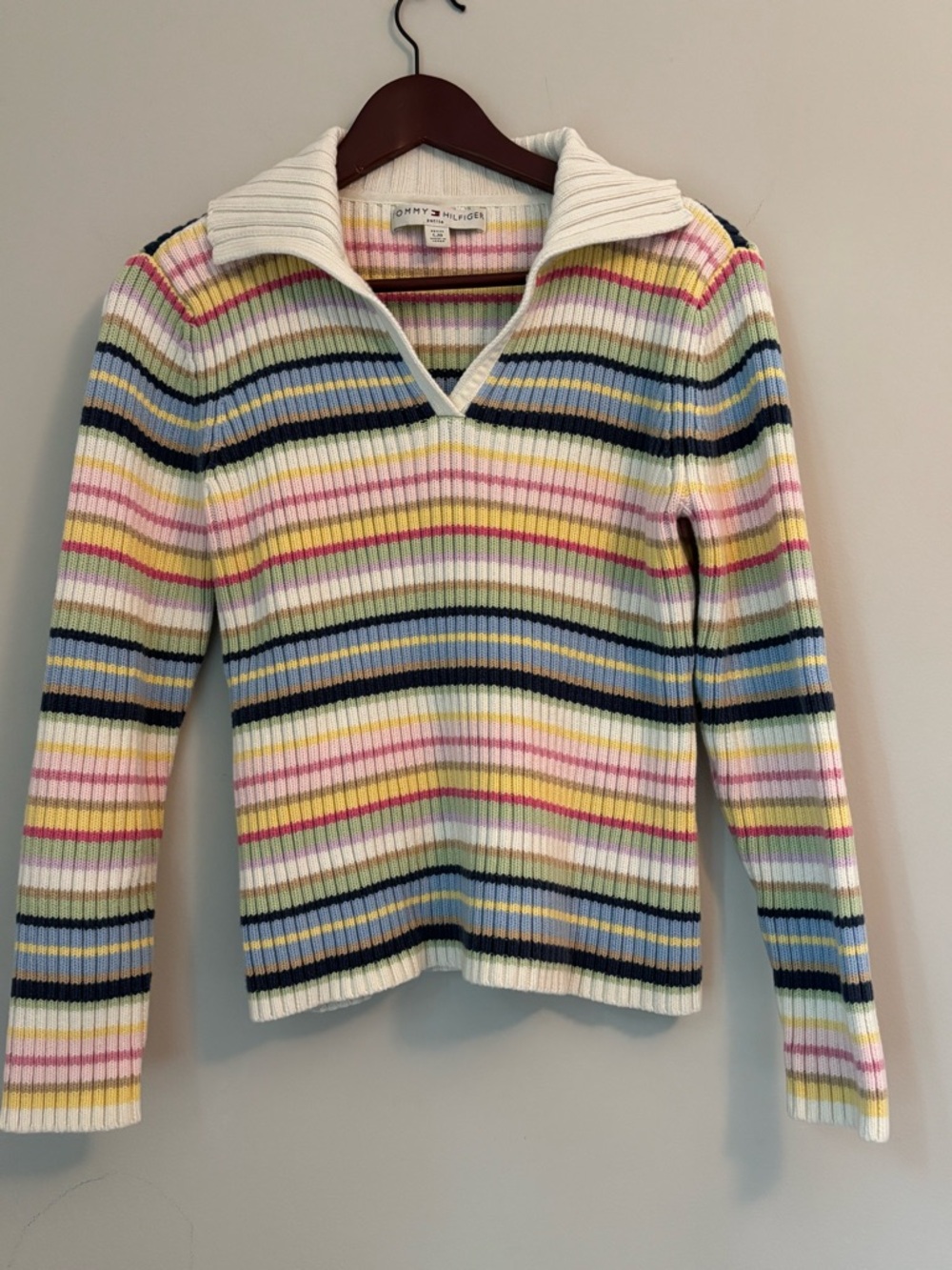Petite L 2004 Tommy Hilfiger Shawl Collar Sweater Pullover Cotton Ribbed Pastel